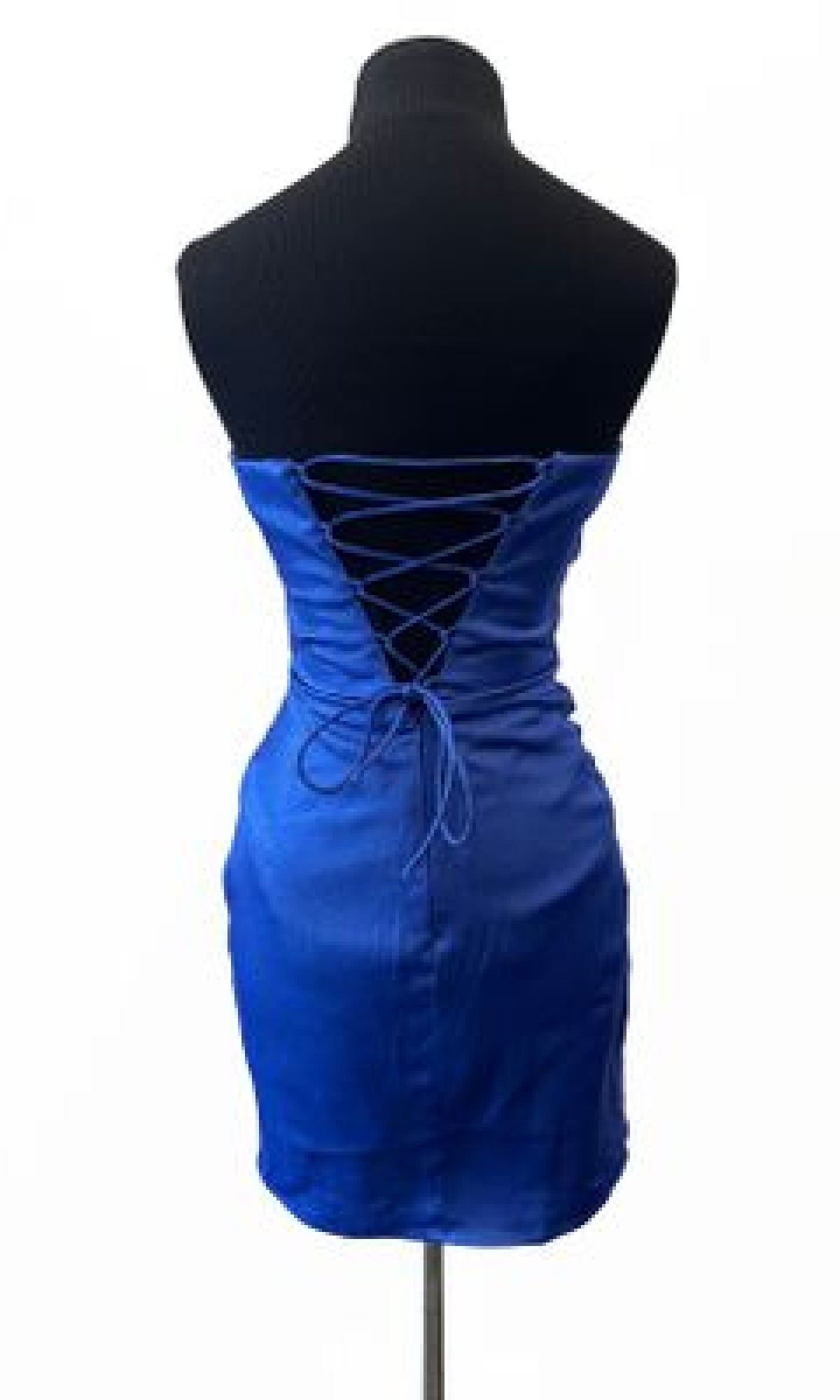 The Strapless Short Hoco Dress: Aerie Couture 828 is shown from the back in blue, with a lace-up, crisscross tie down the center—making it a perfect short party dress for any special occasion.